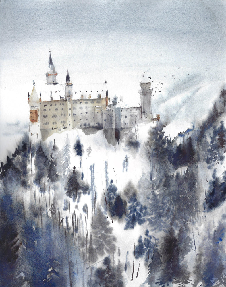 Castle on Hill Watercolor Painting Print 100% Australian Made