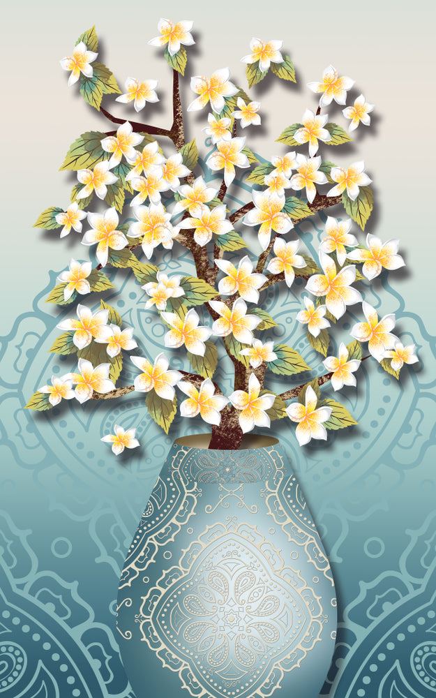 Golden Flowers & Blue Vase 3D Design Print 100% Australian Made