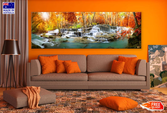 Panoramic Canvas Autumn Forest Waterfall Scenery Photograph High Quality 100% Australian made wall Canvas Print ready to hang