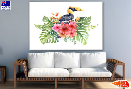 Great hornbill Bird & Flowers Watercolor Painting Print 100% Australian Made