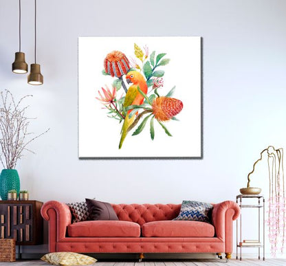 Square Canvas Parrot on a Flower Tree Watercolor Painting High Quality Print 100% Australian Made