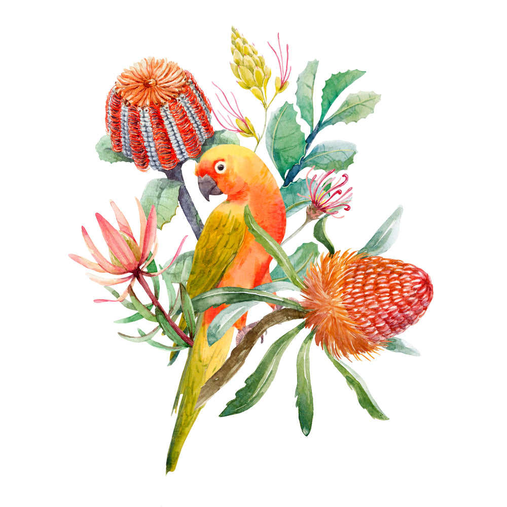 Square Canvas Parrot on a Flower Tree Watercolor Painting High Quality Print 100% Australian Made