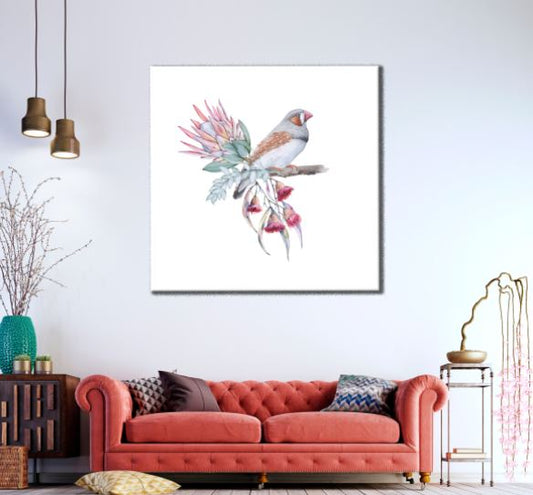 Square Canvas Bird on a Flower Tree Watercolor Painting High Quality Print 100% Australian Made