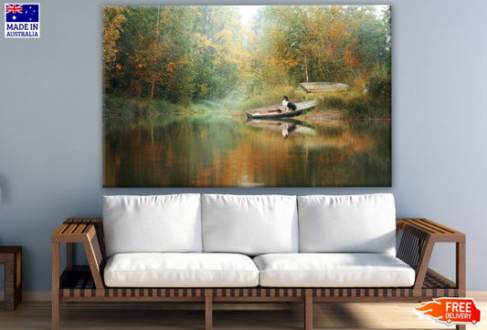 Dog on a Boat Near Lake Oil Painting Print 100% Australian Made