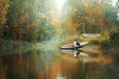 Dog on a Boat Near Lake Oil Painting Print 100% Australian Made