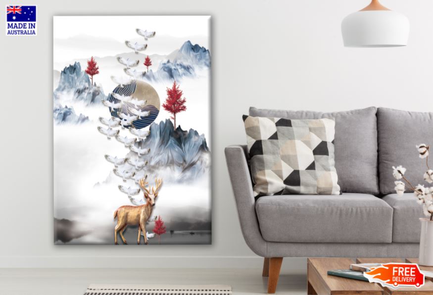 Deer & Birds with Abstract Background Design Print 100% Australian Made
