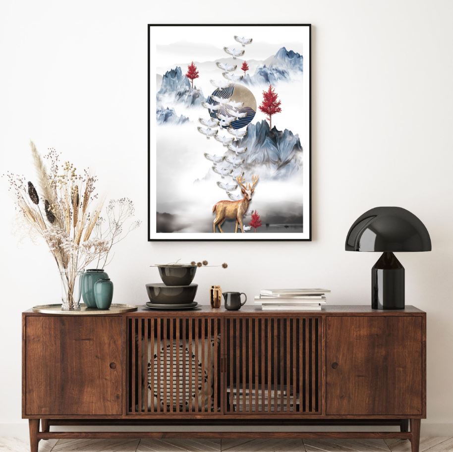 Mountains & Deer Nature 3D Design Home Decor Premium Quality Poster Print Choose Your Sizes