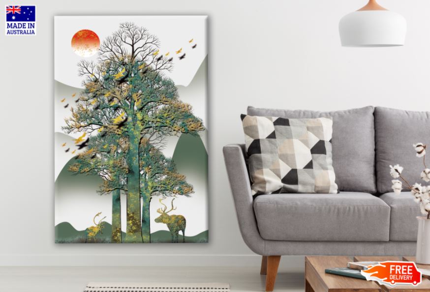 Deer & Birds with Abstract Background Design Print 100% Australian Made