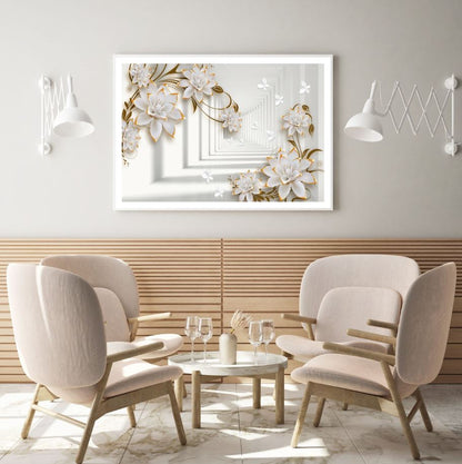 3D White & Gold Floral Design Home Decor Premium Quality Poster Print Choose Your Sizes