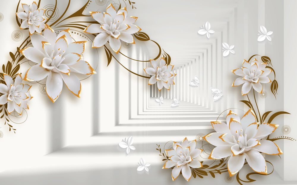 3D White & Gold Floral Design Home Decor Premium Quality Poster Print Choose Your Sizes