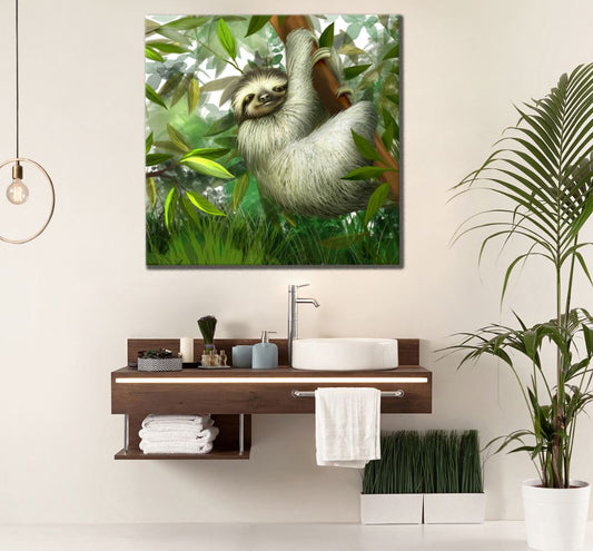 Square Canvas Sloth on a Tree Painting High Quality Print 100% Australian Made