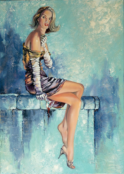Girl Sitting on Wall Oil Painting Home Decor Premium Quality Poster Print Choose Your Sizes