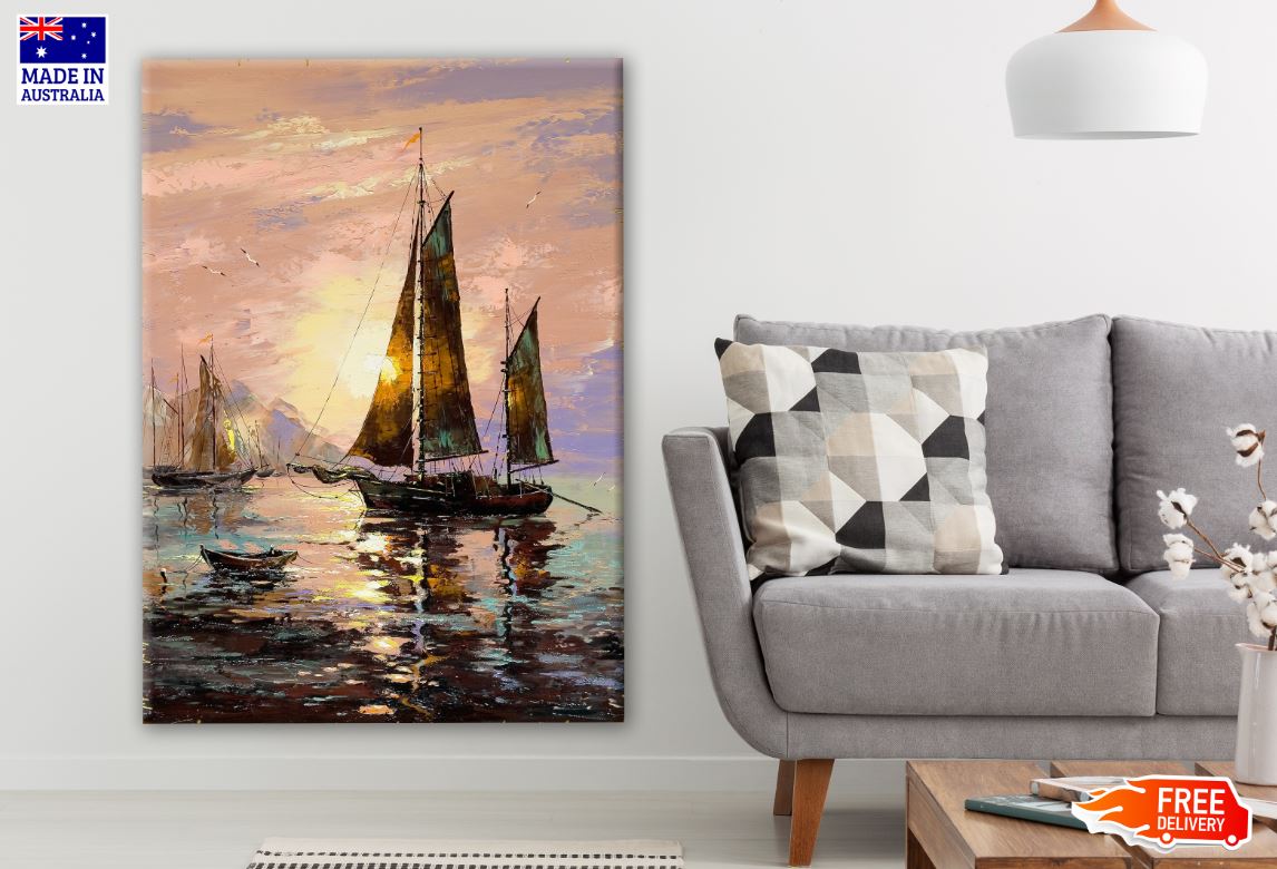 Boats Sailing on Beach Watercolor Painting Print 100% Australian Made