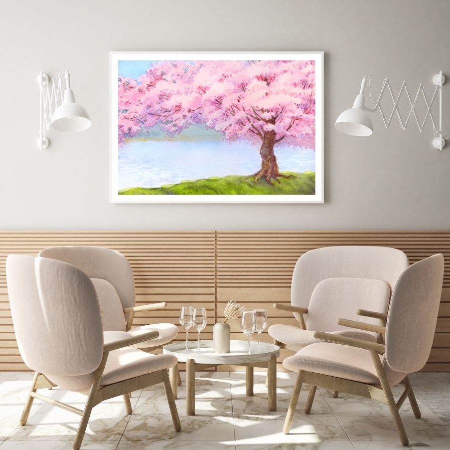 Blossom Tree Near Lake Oil Paint Home Decor Premium Quality Poster Print Choose Your Sizes