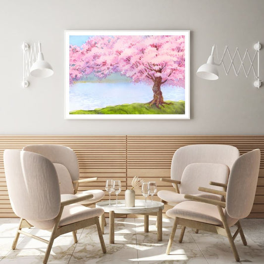 Blossom Tree Near Lake Oil Paint Home Decor Premium Quality Poster Print Choose Your Sizes