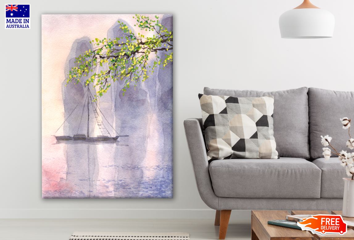 Tree Branch & Boat on Lake Watercolor Painting Print 100% Australian Made