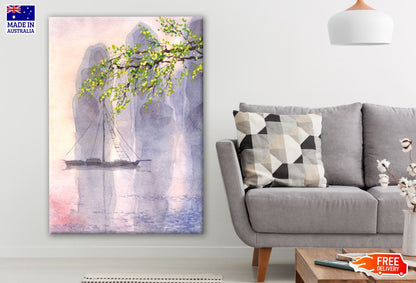Tree Branch & Boat on Lake Watercolor Painting Print 100% Australian Made