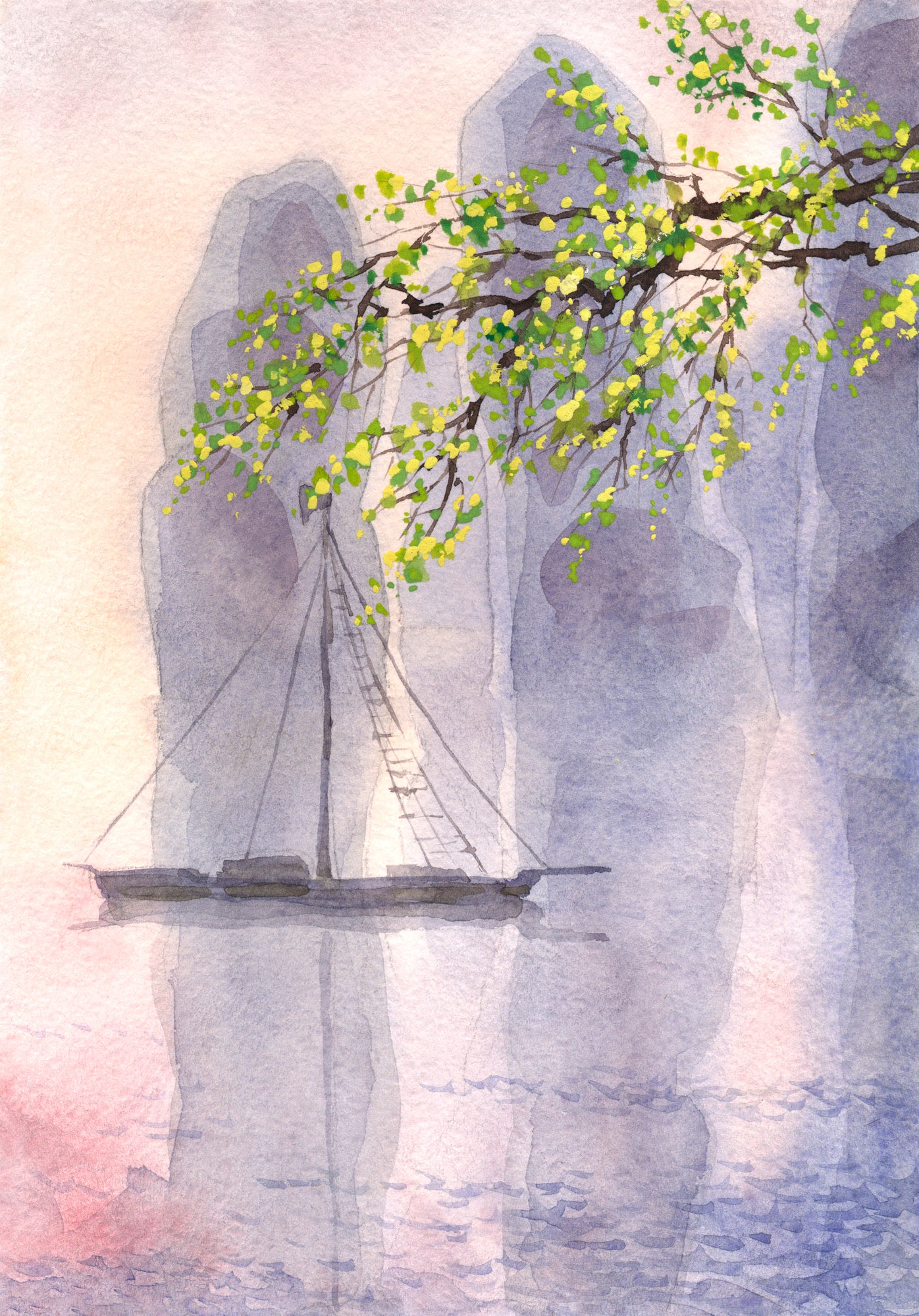 Tree Branch & Boat on Lake Watercolor Painting Print 100% Australian Made