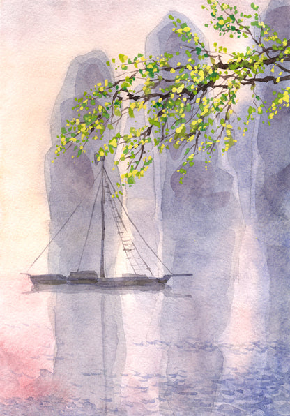 Tree Branch & Boat on Lake Watercolor Painting Print 100% Australian Made