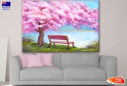 Bench Under Pink Flower Tree Watercolor Painting Print 100% Australian Made