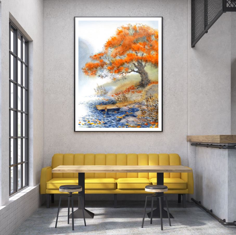 Orange Tree Near River Painting Home Decor Premium Quality Poster Print Choose Your Sizes