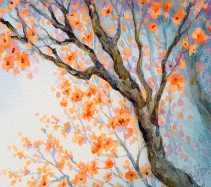 Orange Floral Tree Watercolor Painting Print 100% Australian Made