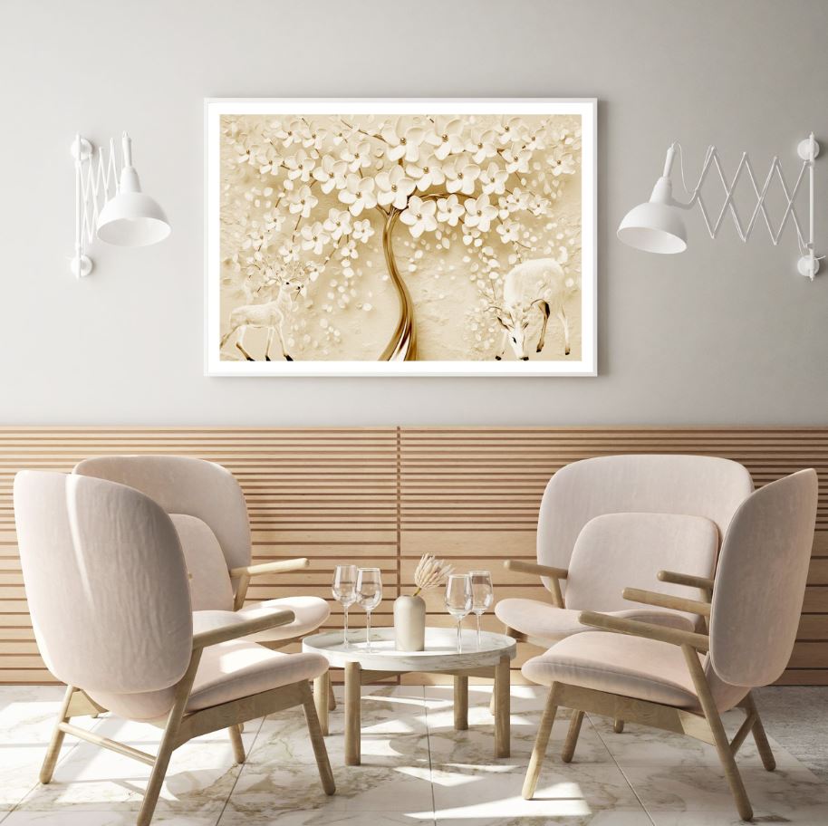 Gold & White Deers with Tree Design Home Decor Premium Quality Poster Print Choose Your Sizes