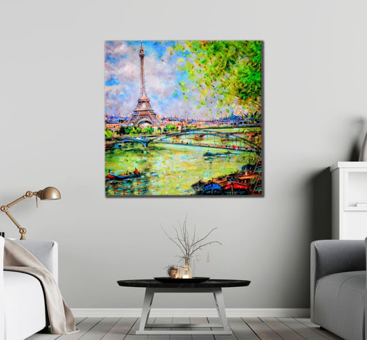 Square Canvas Eiffel Tower & Nature Oil Painting High Quality Print 100% Australian Made