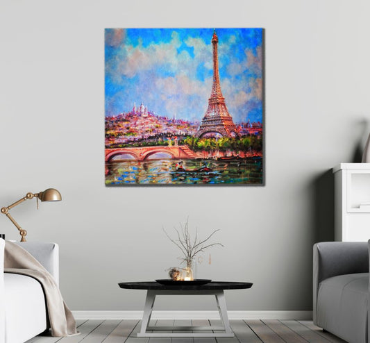 Square Canvas Eiffel Tower & Bridge with River Watercolor Painting High Quality Print 100% Australian Made