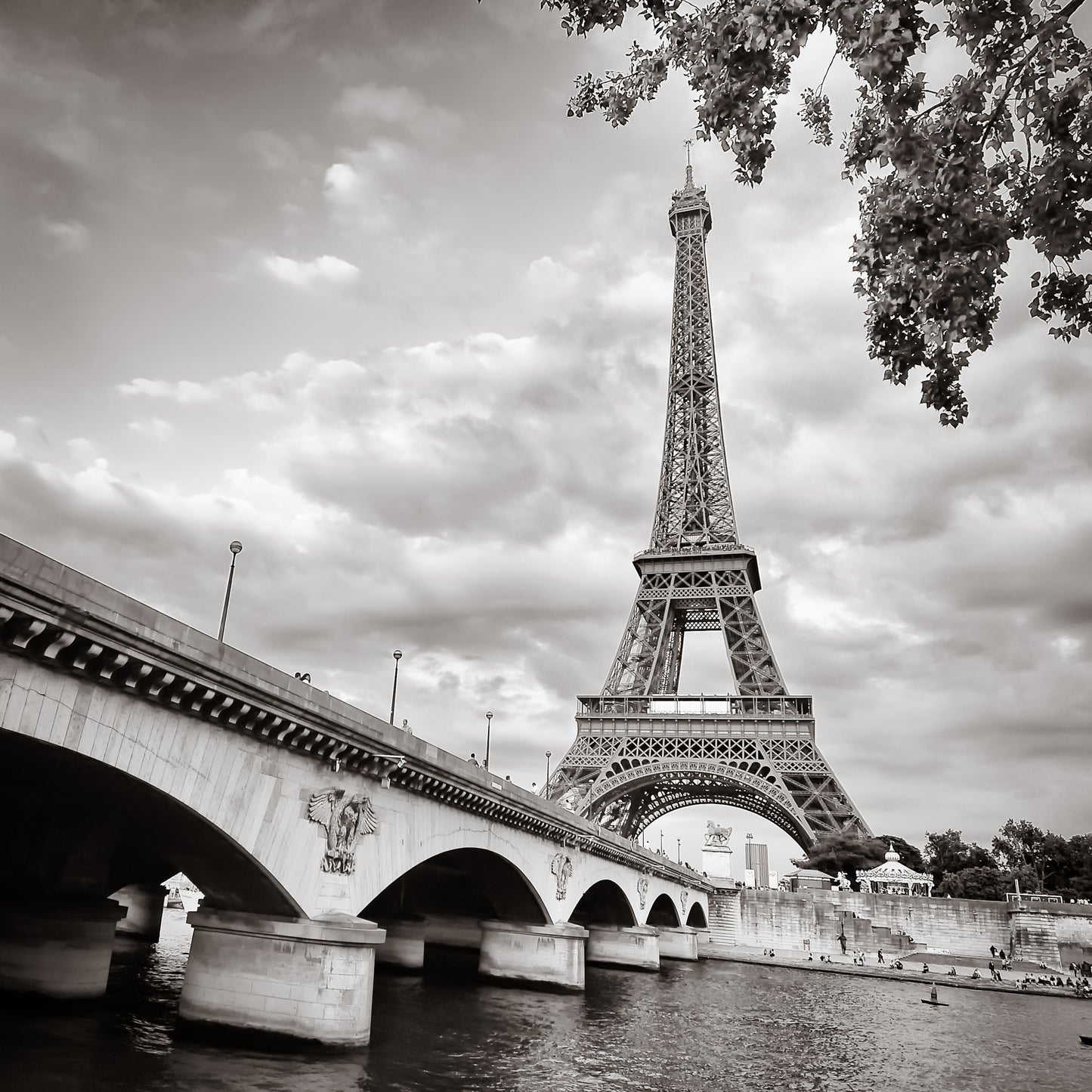 Square Canvas Eiffel Tower & Bridge B&W Photograph High Quality Print 100% Australian Made