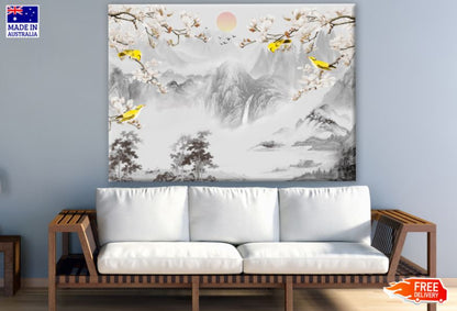 Birds & Mountain B&W Painting Print 100% Australian Made