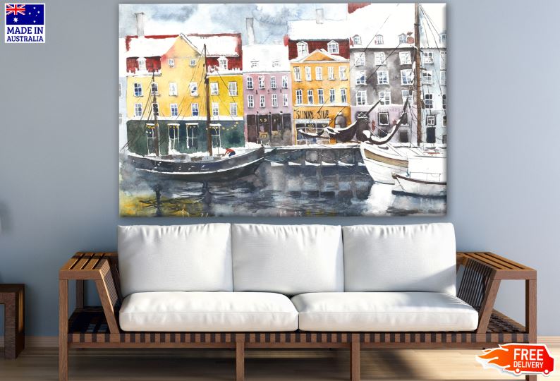 Buildings & Boats at Harbour Watercolor Painting Print 100% Australian Made