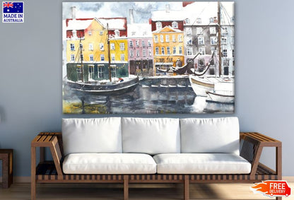 Buildings & Boats at Harbour Watercolor Painting Print 100% Australian Made