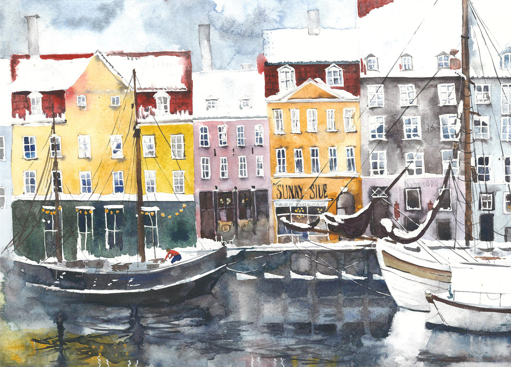 Buildings & Boats at Harbour Watercolor Painting Print 100% Australian Made