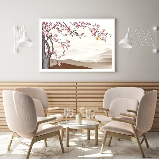 Pink Flower Tree & Birds Painting Home Decor Premium Quality Poster Print Choose Your Sizes