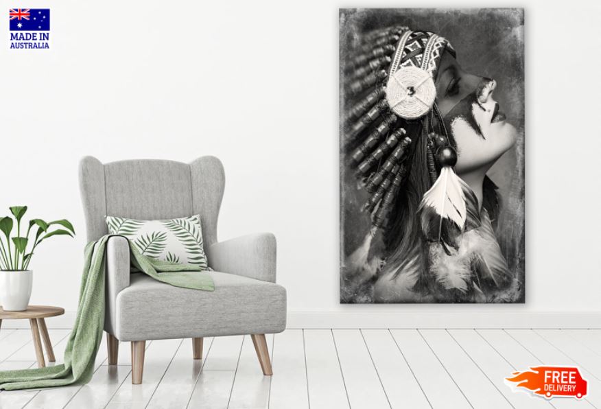 Girl with Feather Headdress B&W Photograph Print 100% Australian Made