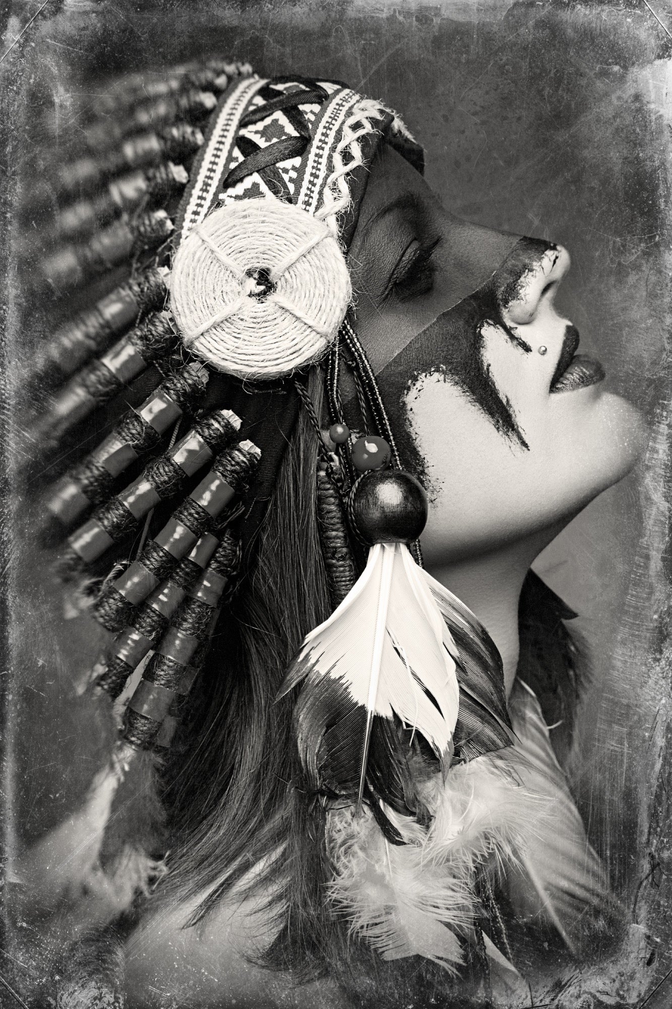 Girl with Feather Headdress B&W Photograph Print 100% Australian Made