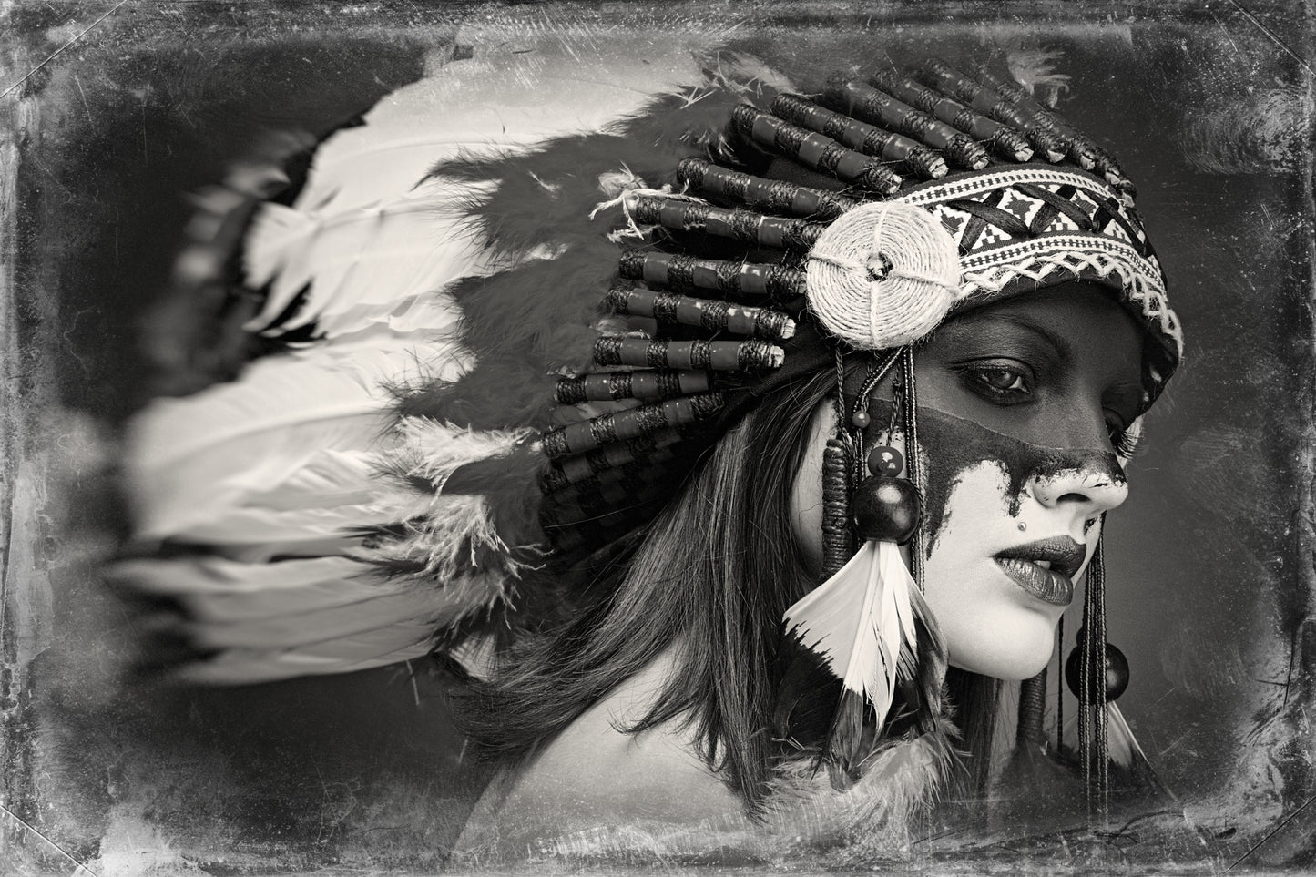 Girl with Feather Headdress B&W Photograph Print 100% Australian Made