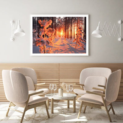 Forest Covered with Snow Sunset Photograph Home Decor Premium Quality Poster Print Choose Your Sizes