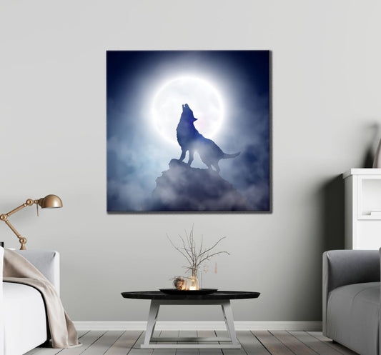 Square Canvas Wolf & Moon Design High Quality Print 100% Australian Made