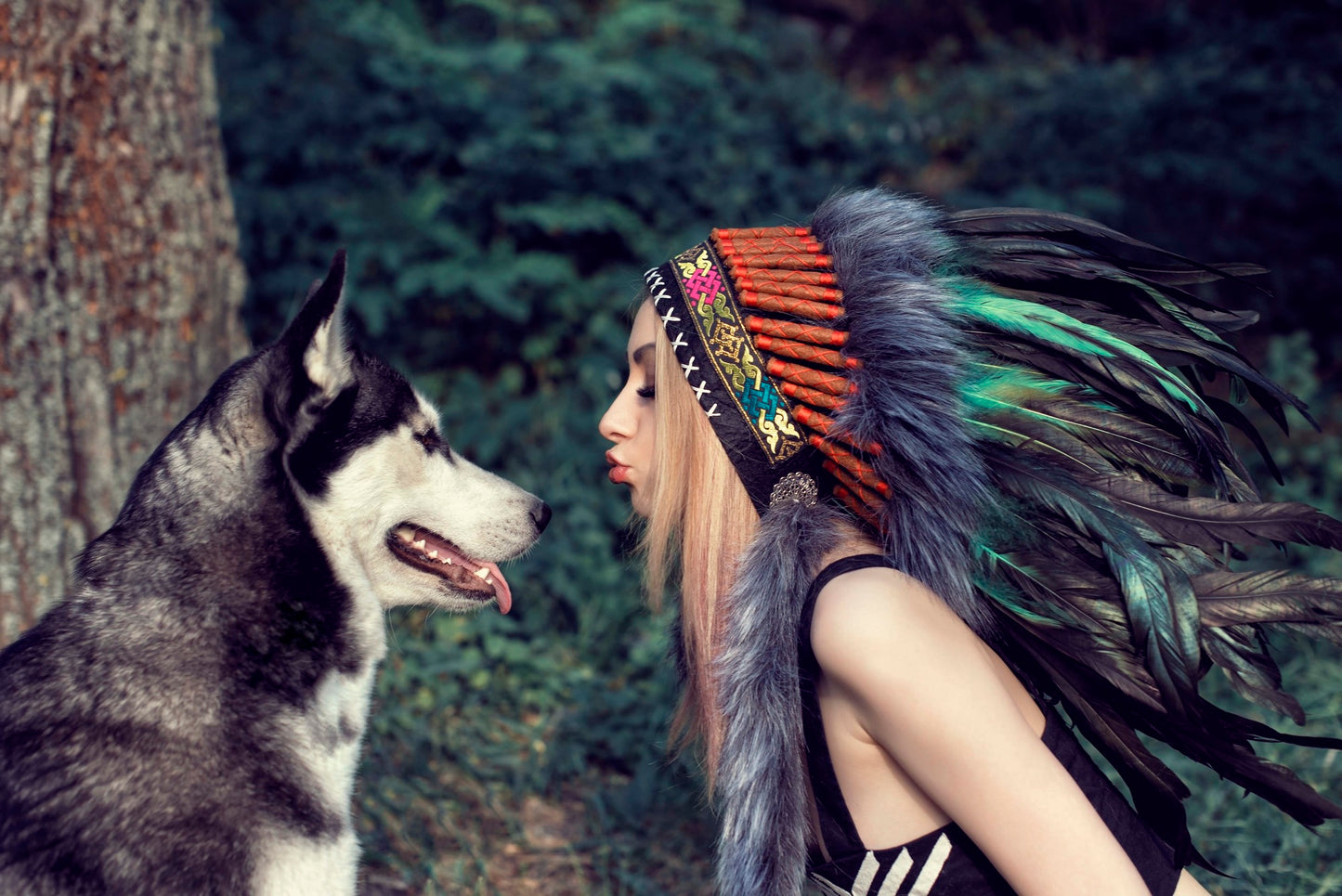 Wolf & Girl with Feather Headdress Photograph Print 100% Australian Made