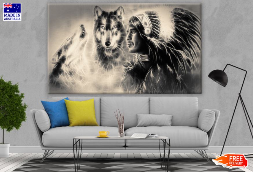 Wolves & Feather Headdress Portrait B&W Print 100% Australian Made