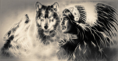 Wolves & Feather Headdress Portrait B&W Print 100% Australian Made