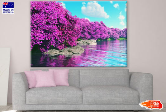 Pink Leaves Tree Forest Near Lake Photograph Print 100% Australian Made