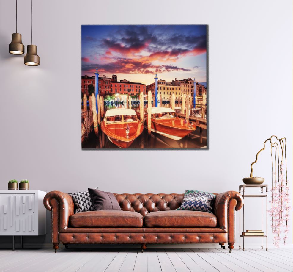 Square Canvas Boats & Buildings Photograph High Quality Print 100% Australian Made