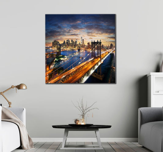 Square Canvas Night City & Bridge Aerial View Photograph High Quality Print 100% Australian Made