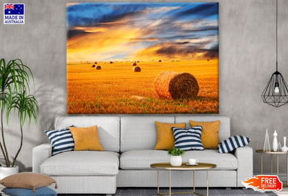 Golden Sunset Over Farm Field with Hay Bales Photograph Print 100% Australian Made