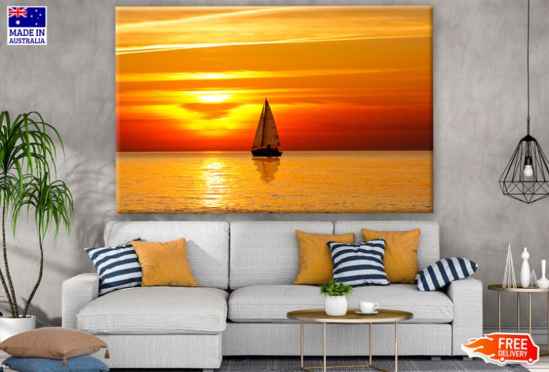 Boat on Sea at Sunset Scenery Photograph Print 100% Australian Made