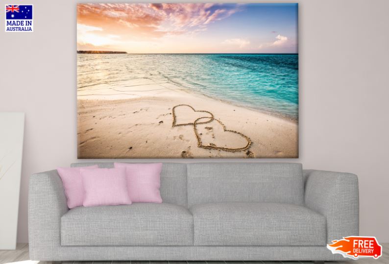 Heart Drawing on Beach Sea Scenery Sunset Photograph Print 100% Australian Made