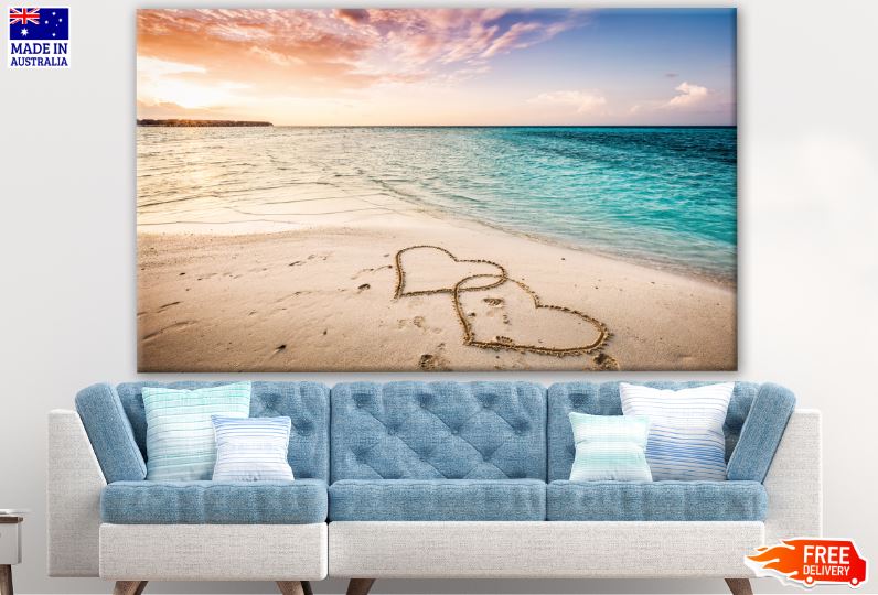 Hearts Drawn on Beach Sea Scenery Photograph Print 100% Australian Made